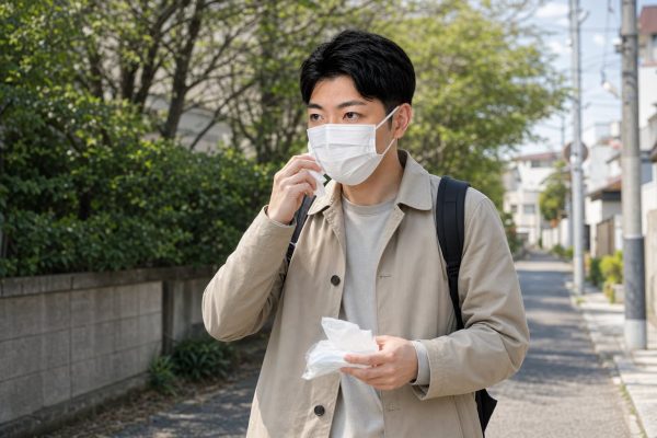 屋外で花粉症に悩む男性