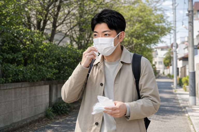 屋外で花粉症に悩む男性