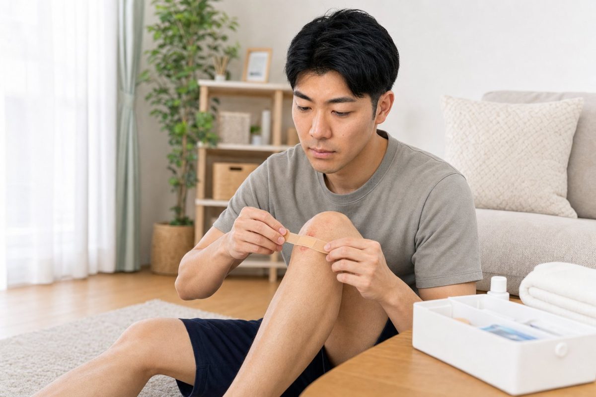 膝に絆創膏を貼る男性