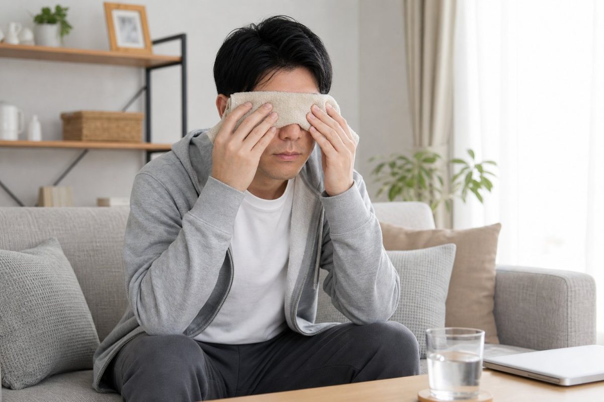 蒸しタオルで目を休める男性