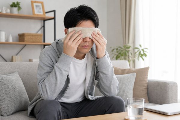 蒸しタオルで目を休める男性