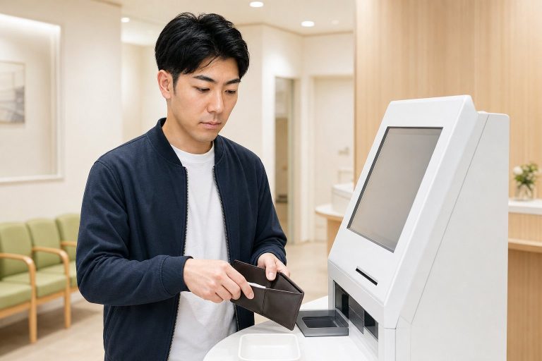 クリニックの会計で支払う男性