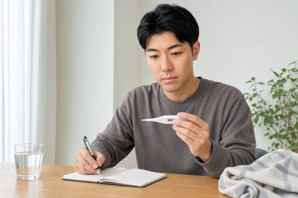 体温をノートに記録する男性