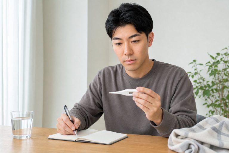 体温をノートに記録する男性