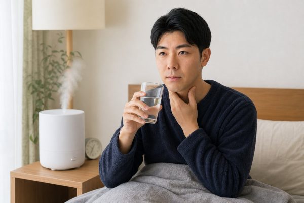 喉の痛みに加湿と水分で対処する男性
