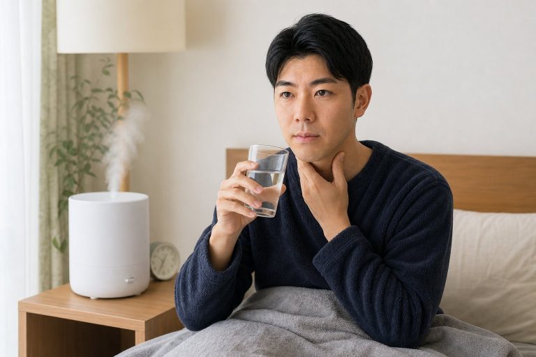 喉の痛みに加湿と水分で対処する男性