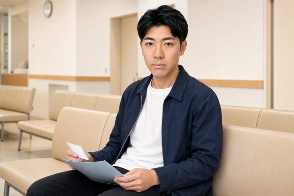 待合室で書類を記入して待つ男性