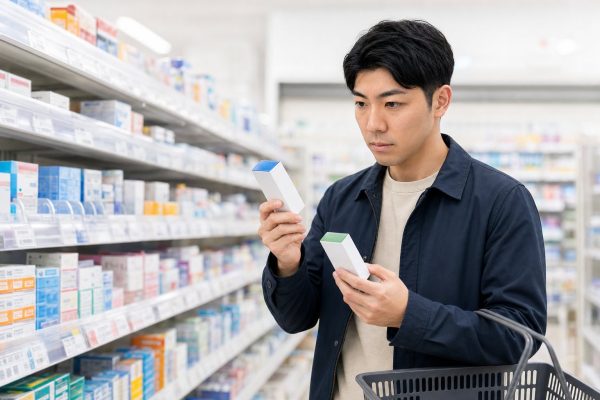 薬局で風邪薬を選ぶ男性