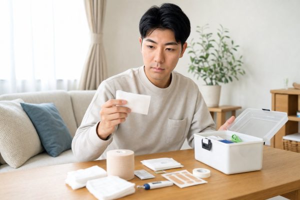 救急箱の中身を点検する男性