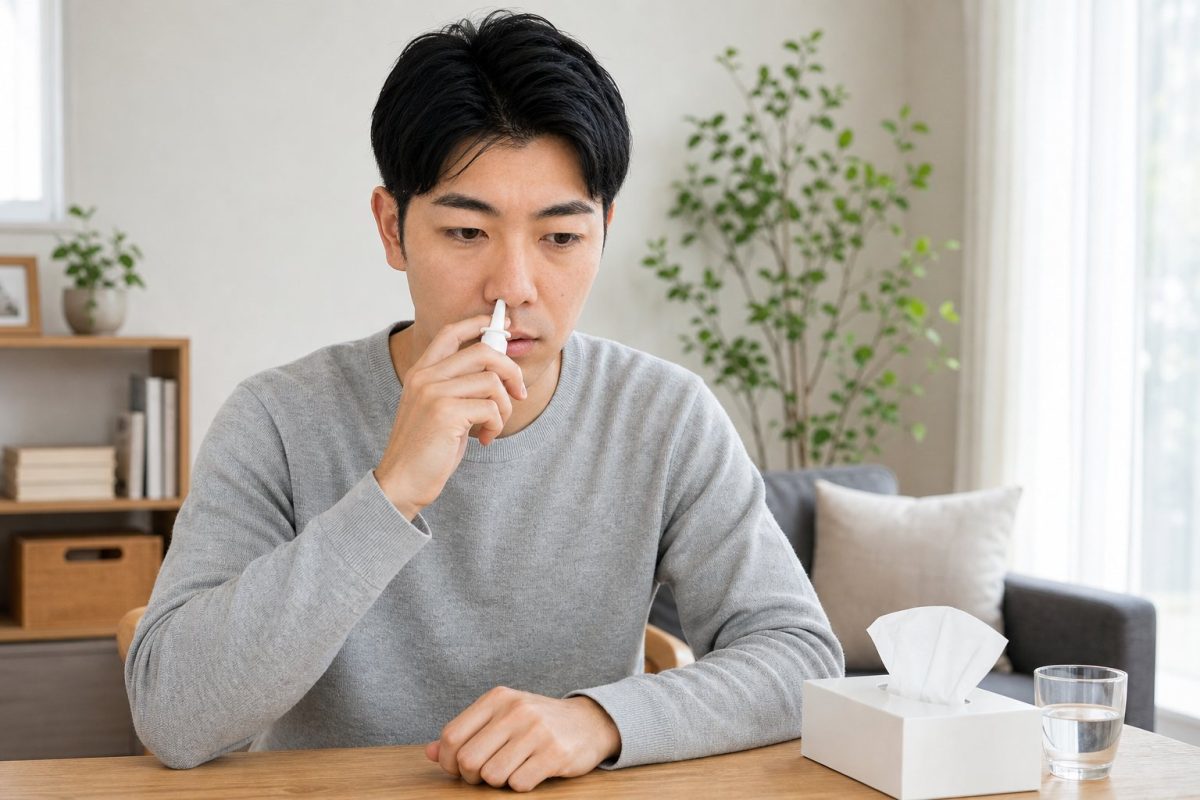 点鼻薬で鼻炎をケアする男性