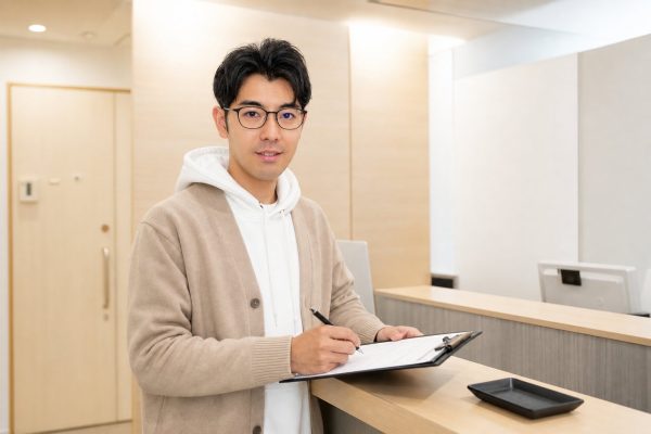 クリニックの受付で手続きする男性