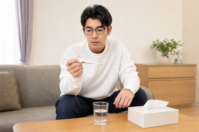 体温計の数値を確かめる男性