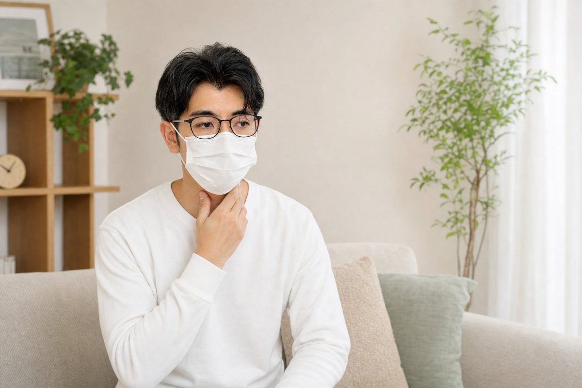喉の不調でマスクをつける男性
