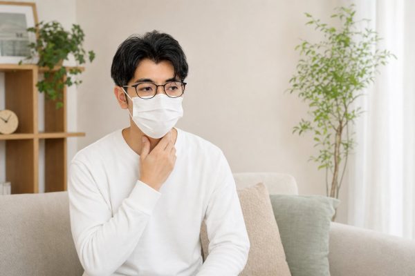 喉の不調でマスクをつける男性