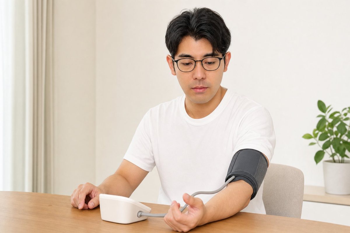 自宅で血圧を測る男性