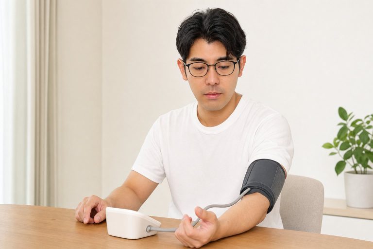 自宅で血圧を測る男性