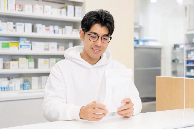 薬局で市販薬を手に取る男性