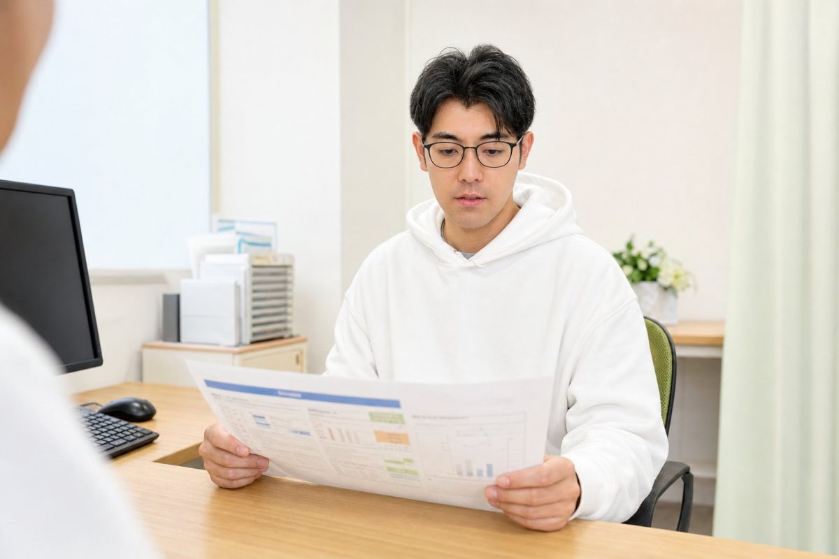 健診結果のレポートを読む男性