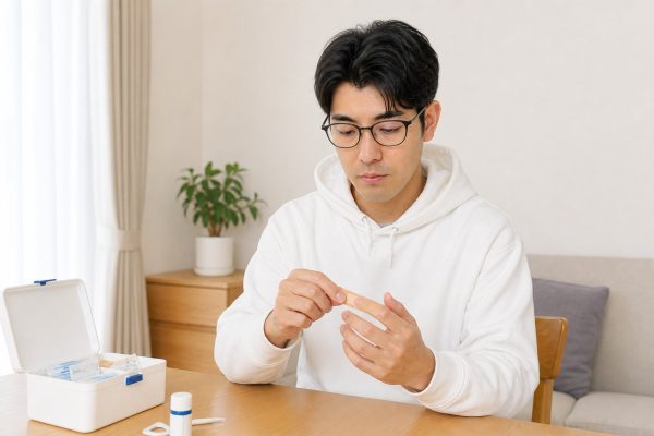 応急処置で包帯を巻く男性