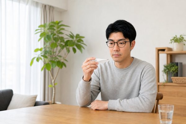 自宅で体温を測るメガネの男性