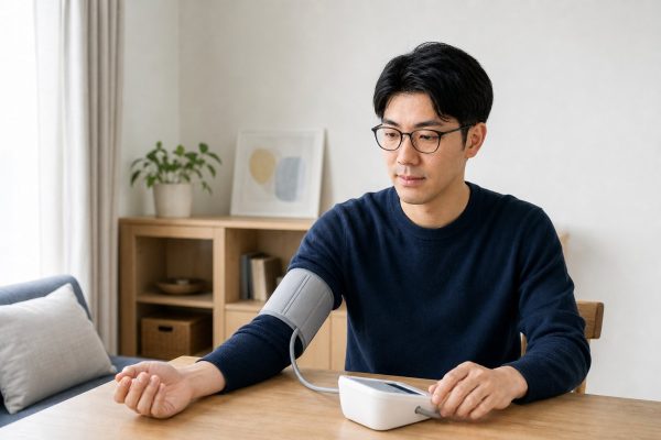 血圧を記録するメガネの男性