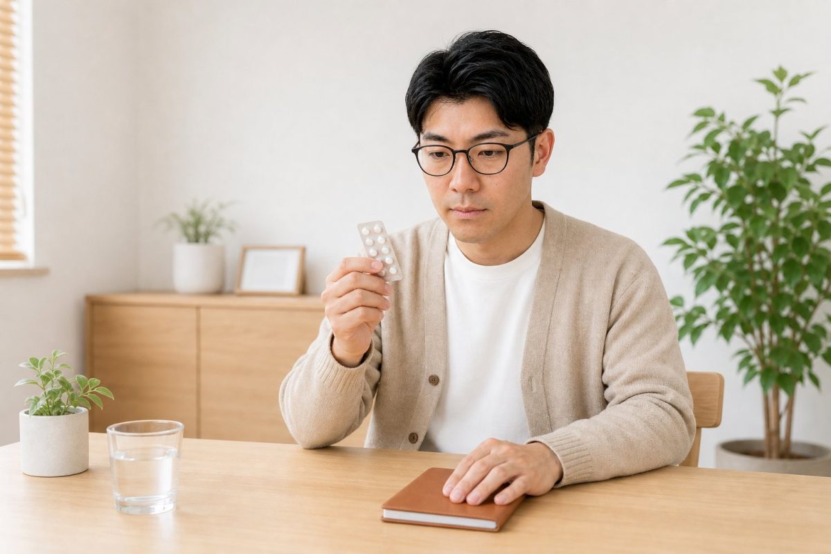 服薬内容を確かめるメガネの男性