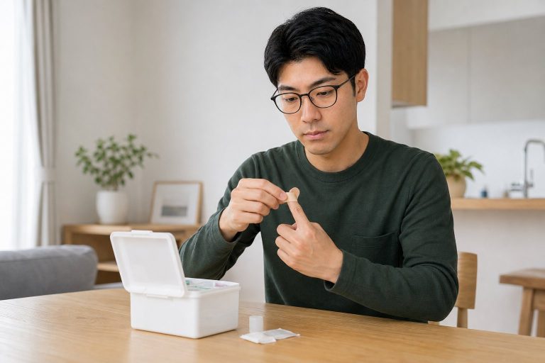 救急箱を確認するメガネの男性