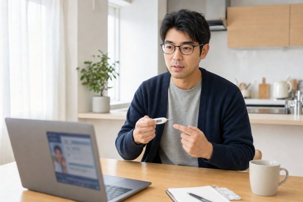 キッチンでオンライン診療を受ける男性