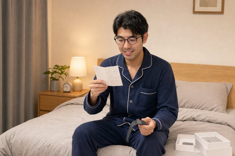 睡眠計測デバイスを装着する男性