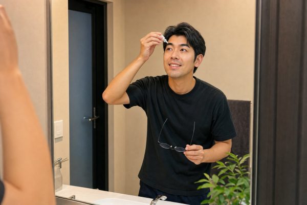 鏡の前で目薬をさす男性