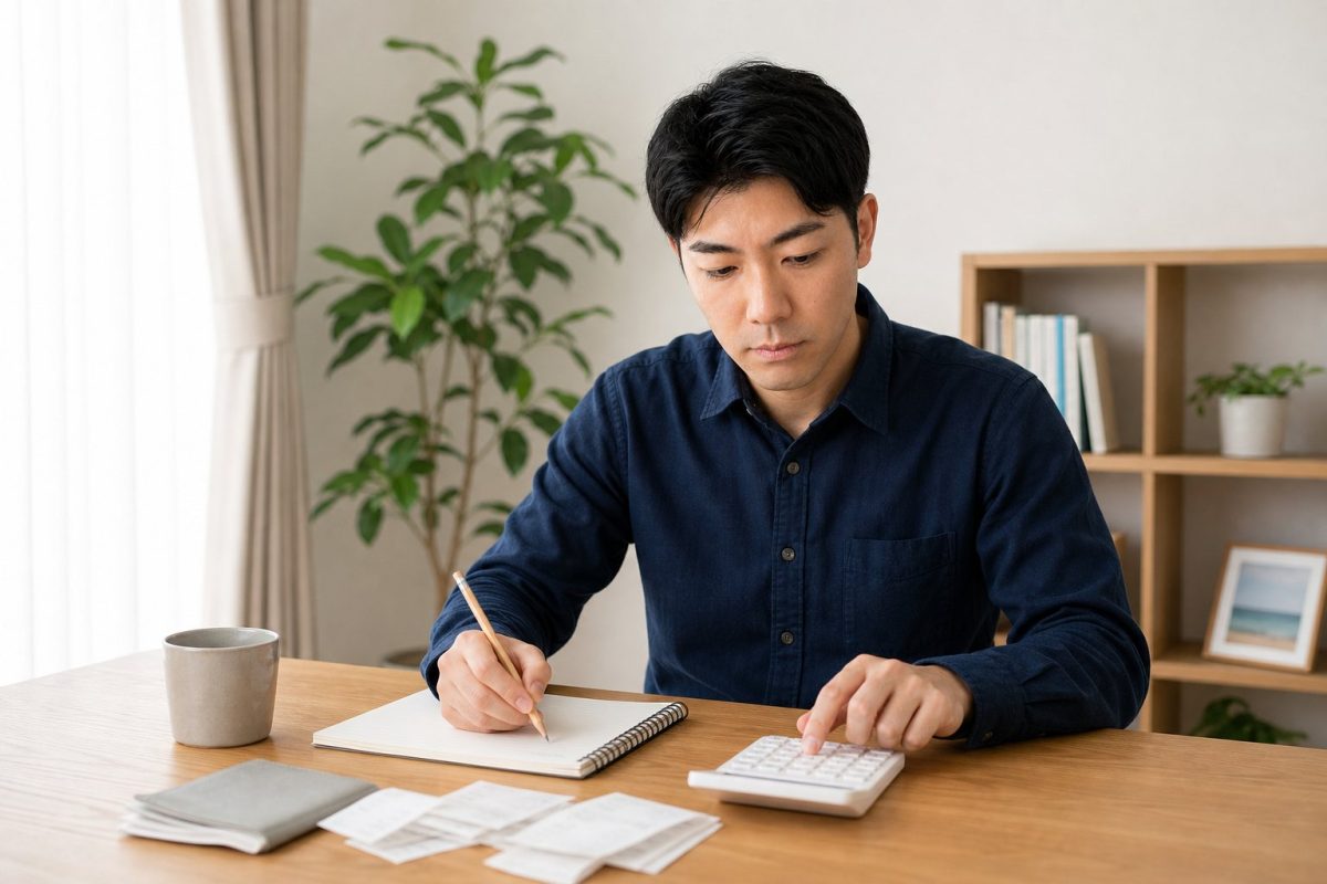 電卓で家計簿をつける男性