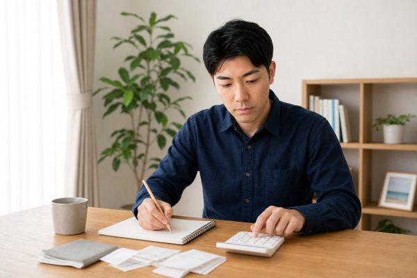 電卓で家計簿をつける男性