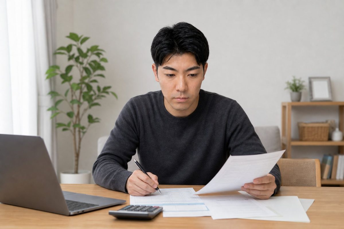 確定申告の書類に記入する男性