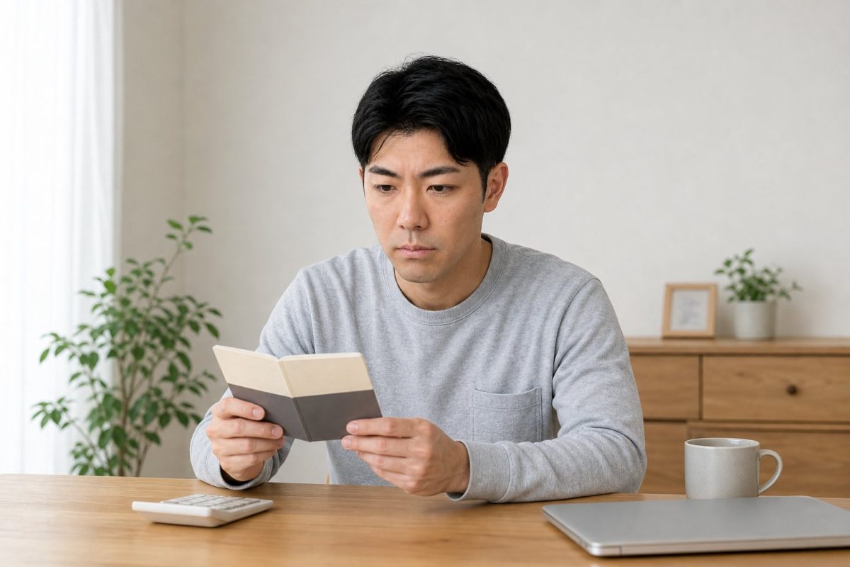 通帳を見て考え込む男性