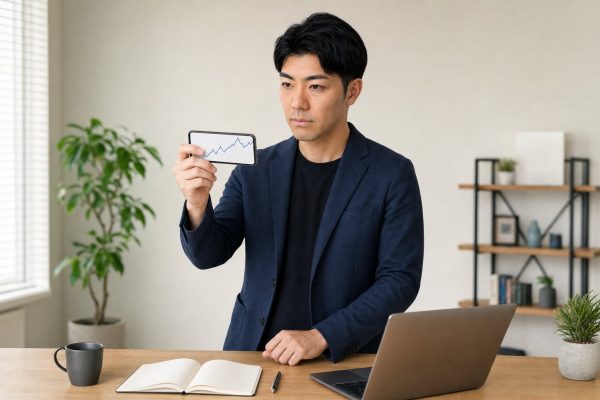 投資アプリのグラフを確認する男性