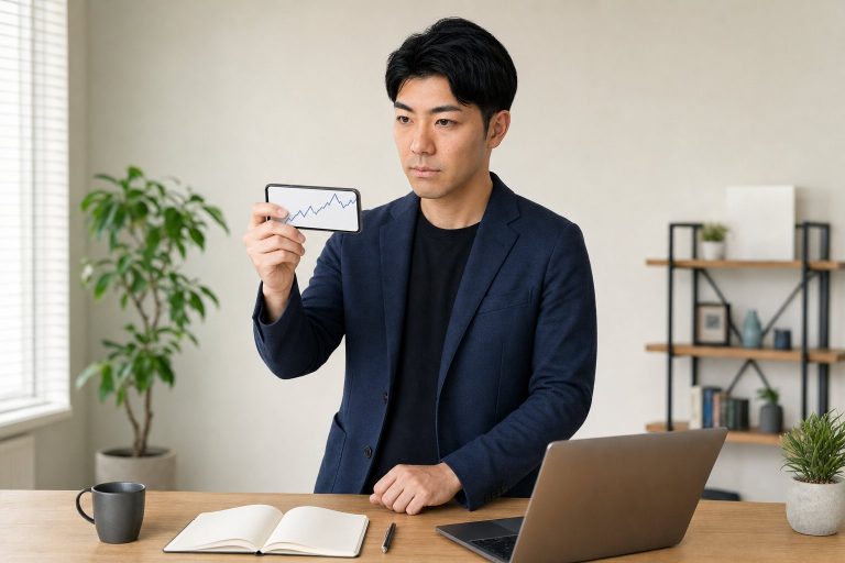 投資アプリのグラフを確認する男性