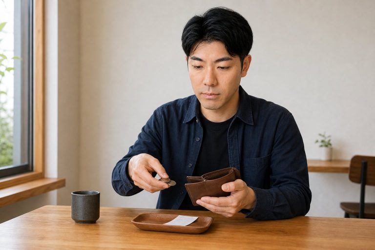 財布から小銭を取り出す男性