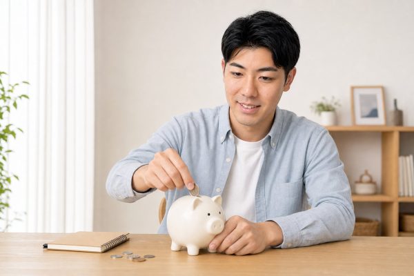 貯金箱にコインを入れて微笑む男性