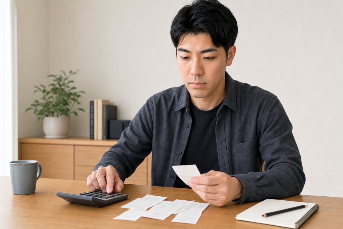 レシートを前に電卓を叩く男性