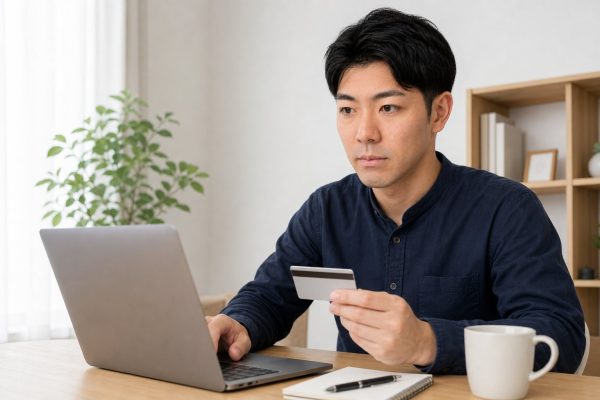 クレジットカードでネット決済する男性