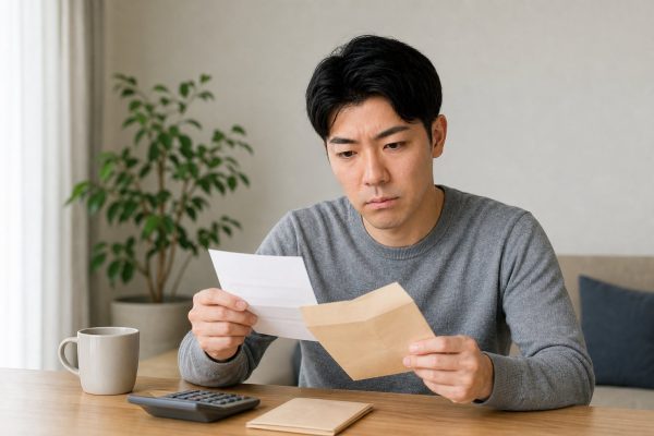 請求書を開けてため息をつく男性