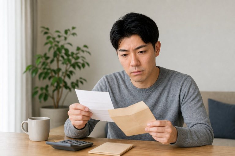 請求書を開けてため息をつく男性