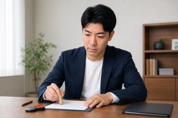 契約書にハンコを押す男性
