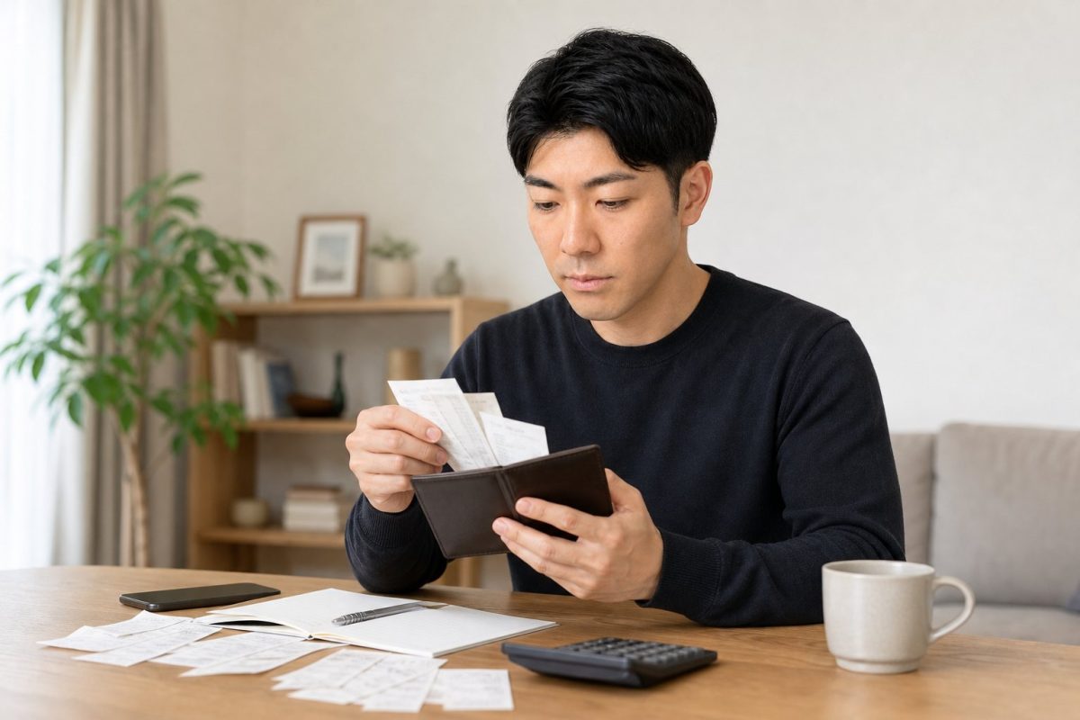 財布からレシートを取り出す男性