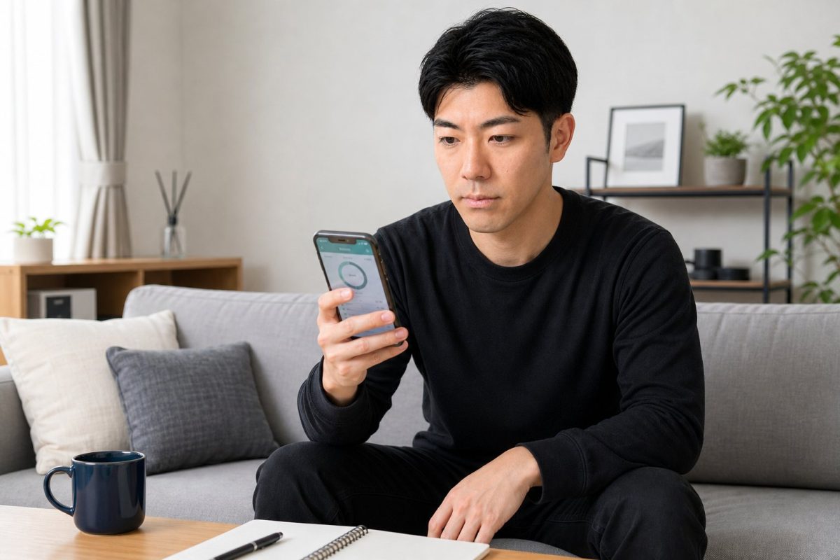 銀行アプリを確認する男性