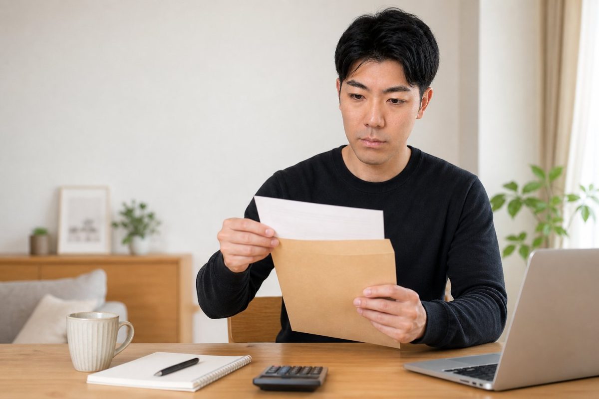 封筒の書類を開封する男性
