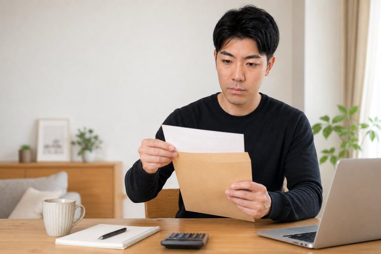 封筒の書類を開封する男性