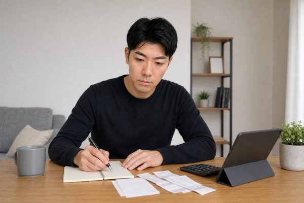 生活費をノートに書き出す男性