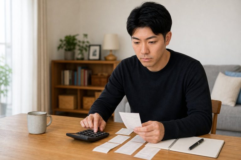 レシートを整理して計算する男性