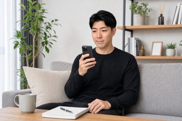 貯蓄を確認して安心する男性